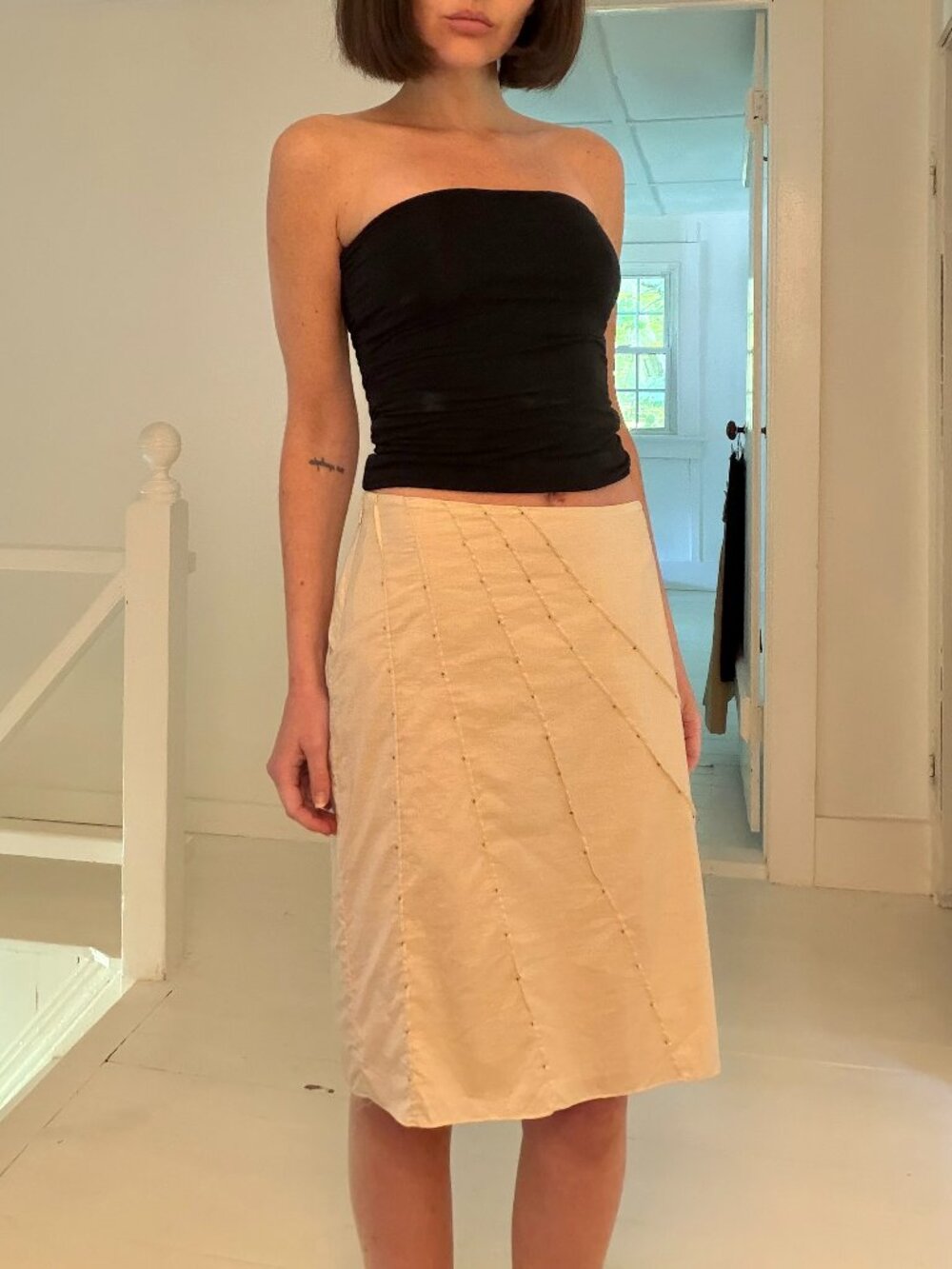 August Silk Vintage Y2K Beaded Pintuck Cotton Pencil Skirt Size 6P Beige